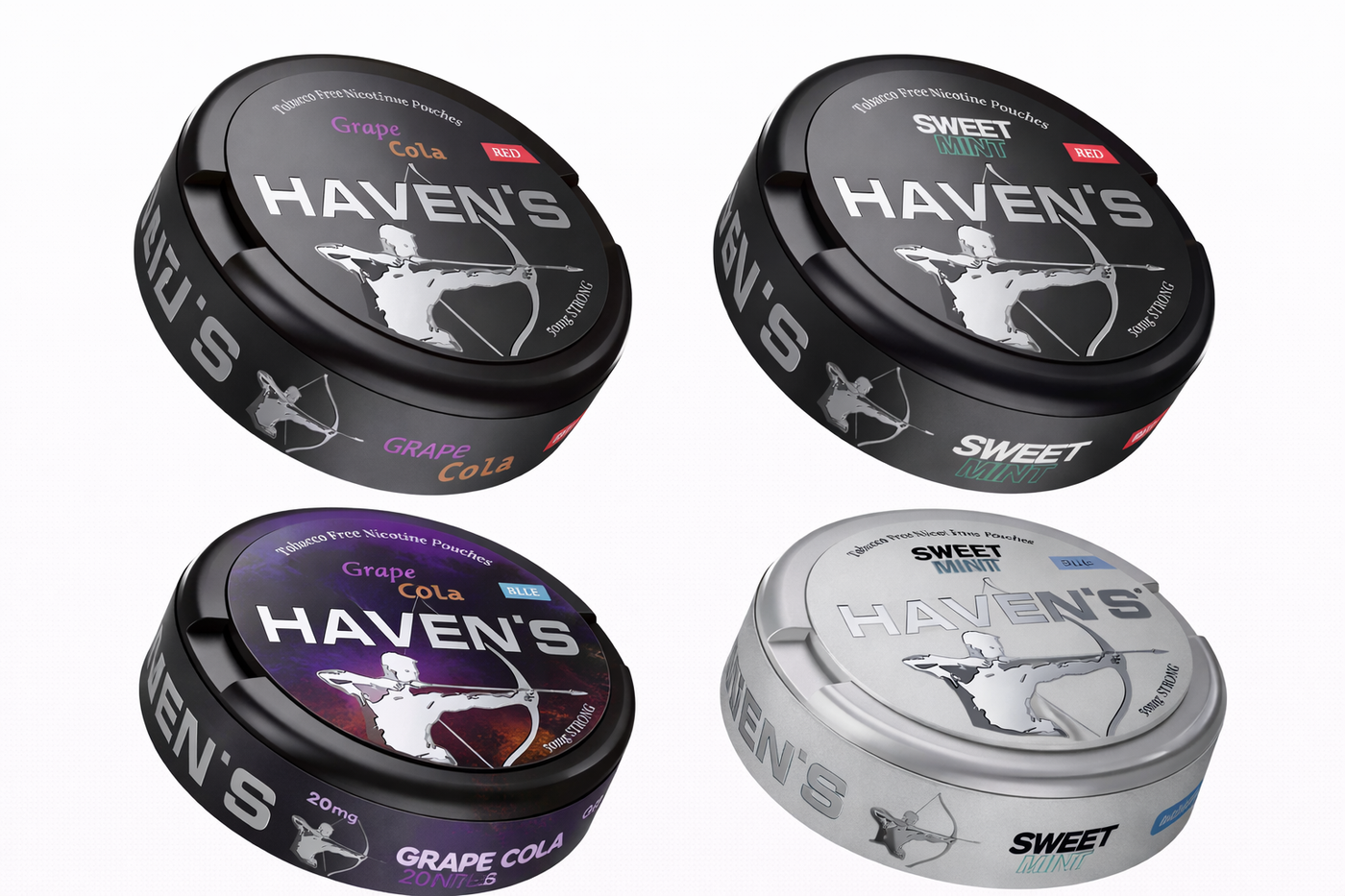 Haven’s Sweet Mint and Grape Cola nicotine pouches displayed in red and blue strength variants, tobacco-free nicotine pouches