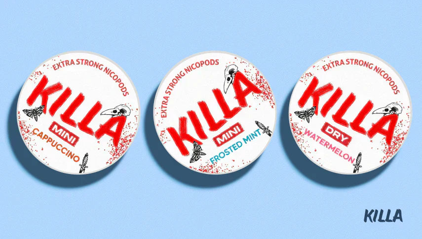 An image of 3 varieties of Killa snus nicotiine pouches.  They're Killa mini capuccino, Kila mini frosted mint and Killa dry watermelon