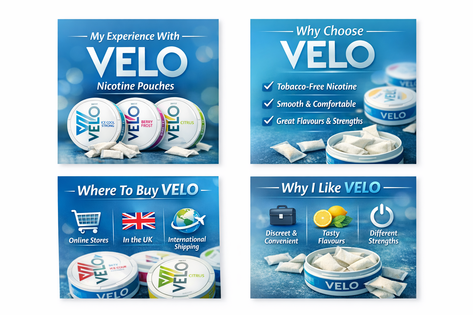 VELO nicotine pouches displayed in slim cans with mint, berry, and citrus flavours, highlighting a smoke-free and modern nicotine alternative