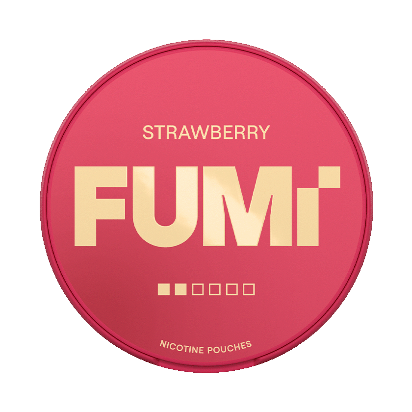 Red circular container with 'FUMi' branding and 'Strawberry' text on a white background