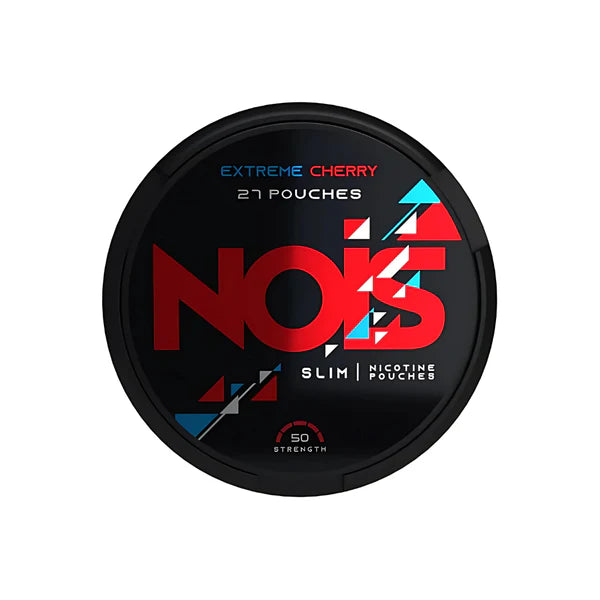 NOIS nicotine pouches container with red and blue design on a white background
