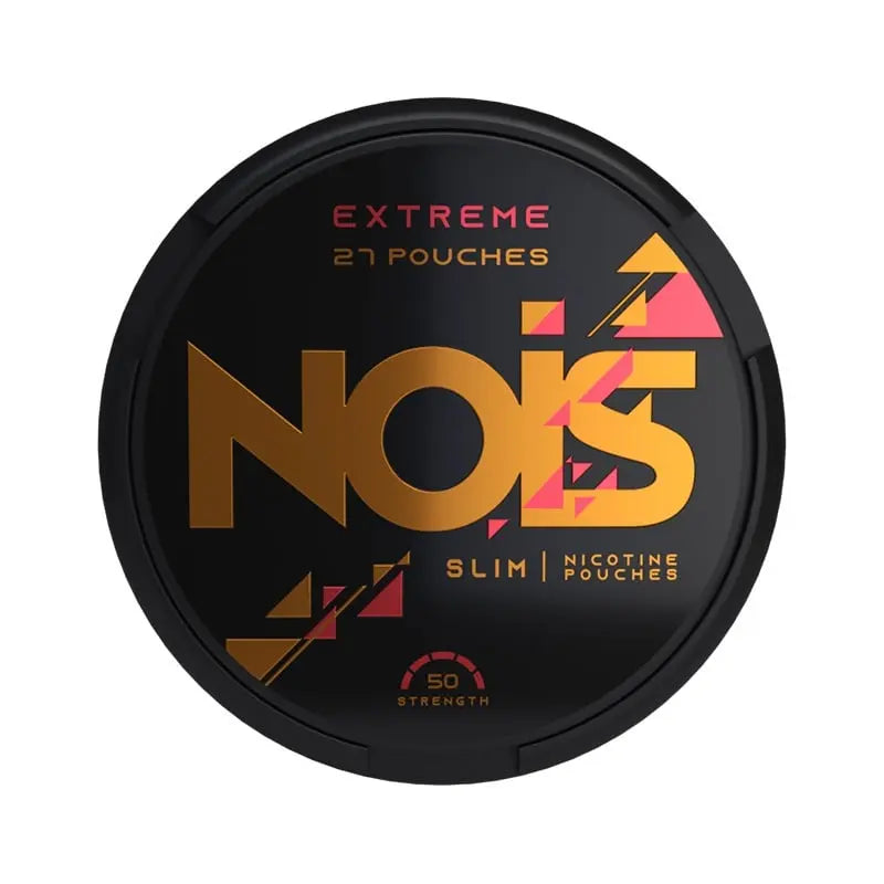 NOiS Extreme nicotine pouch container with black lid and gold text on a white background
