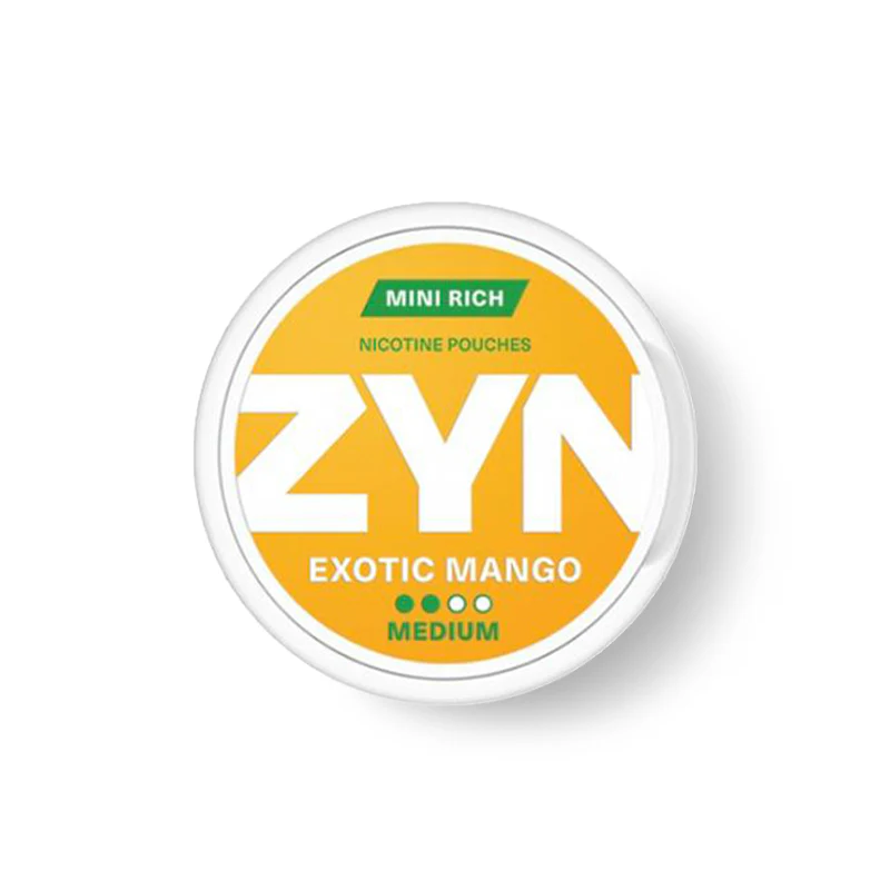 ZYN Exotic Mango nicotine pouches packaging on a white background