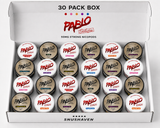 An open white Pablo Exclusives 30-pack box containing 30 small jars of strong nicotine pods, arranged in five rows of six. The top of the box reads '30 PACK BOX' and features the red Pablo logo, with 'SNUSHAVEN' printed at the bottom.