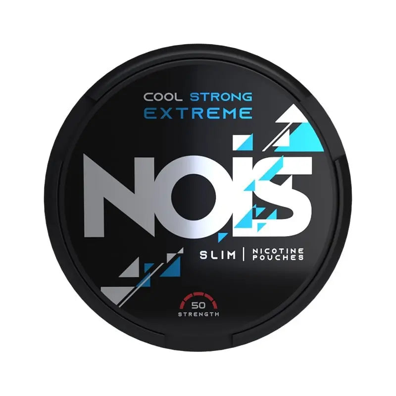 NOIS nicotine pouches container with branding and product details on a black background