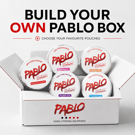An open white Pablo Box display box containing five round nicotine pouch containers, with large headline text above reading 'BUILD YOUR OWN PABLO BOX' and smaller text 'CHOOSE YOUR FAVOURITE POUCHES.' Visible pouch labels include Strawberry Lip, Bubblegum, Mango Ice, Grape Ice, and Frosted Ice.