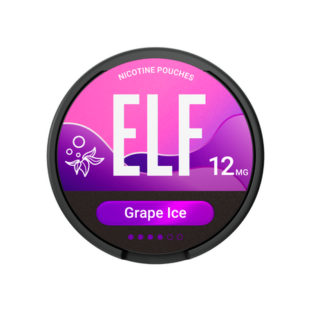 ELF nicotine pouches packaging with grape ice flavor on a white background