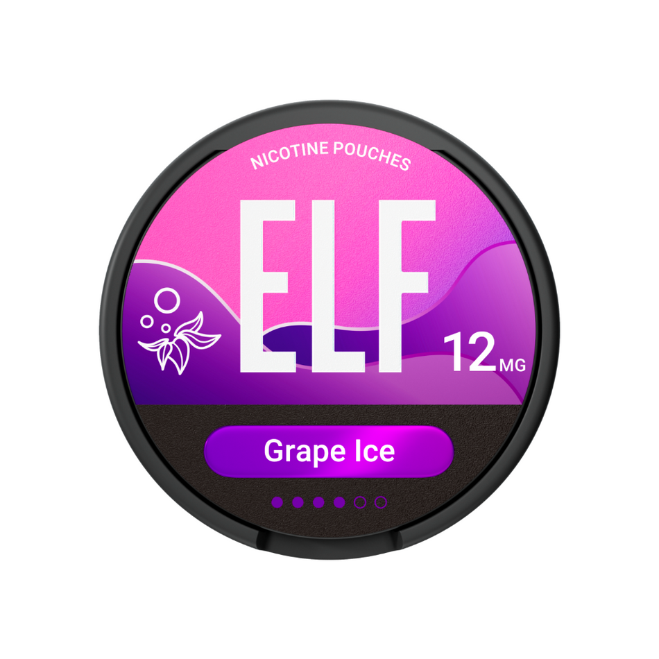 ELF nicotine pouches packaging with grape ice flavor on a white background