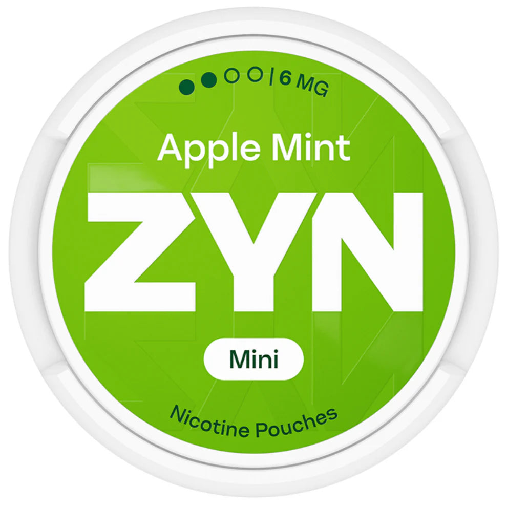 ZYN Apple Mint nicotine pouches container with green label and white text
