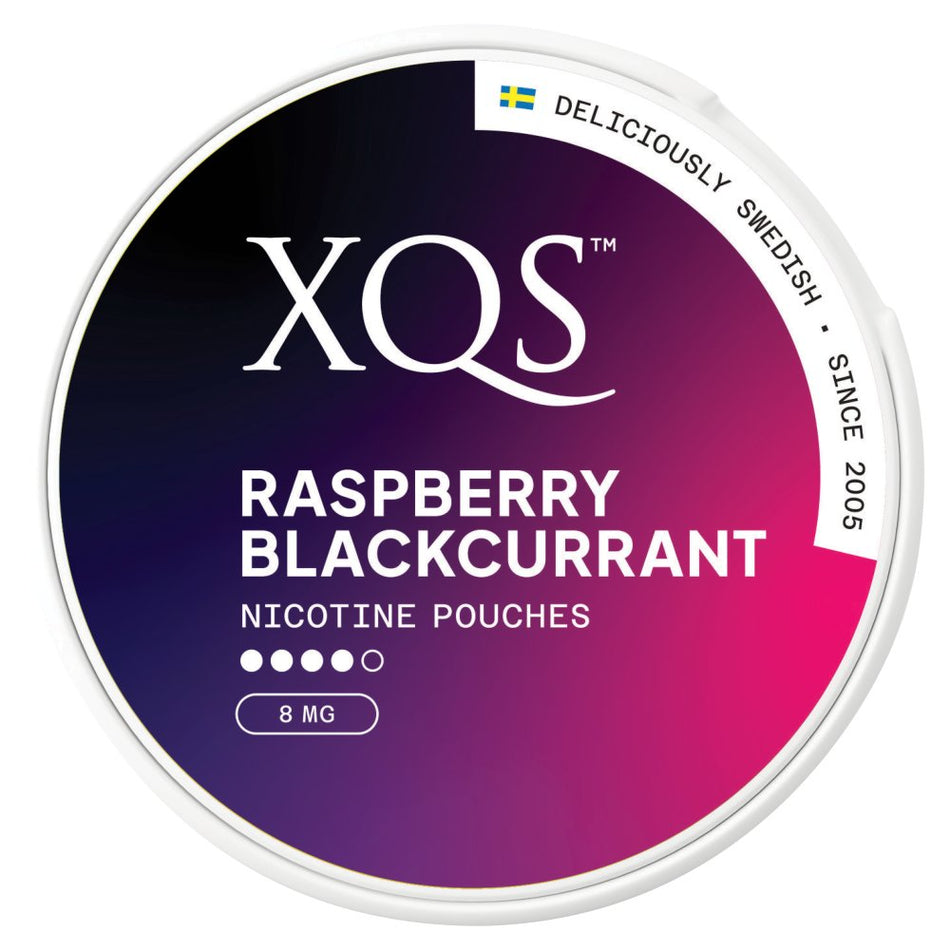 XQS Raspberry Blackcurrant nicotine pouches packaging with gradient design