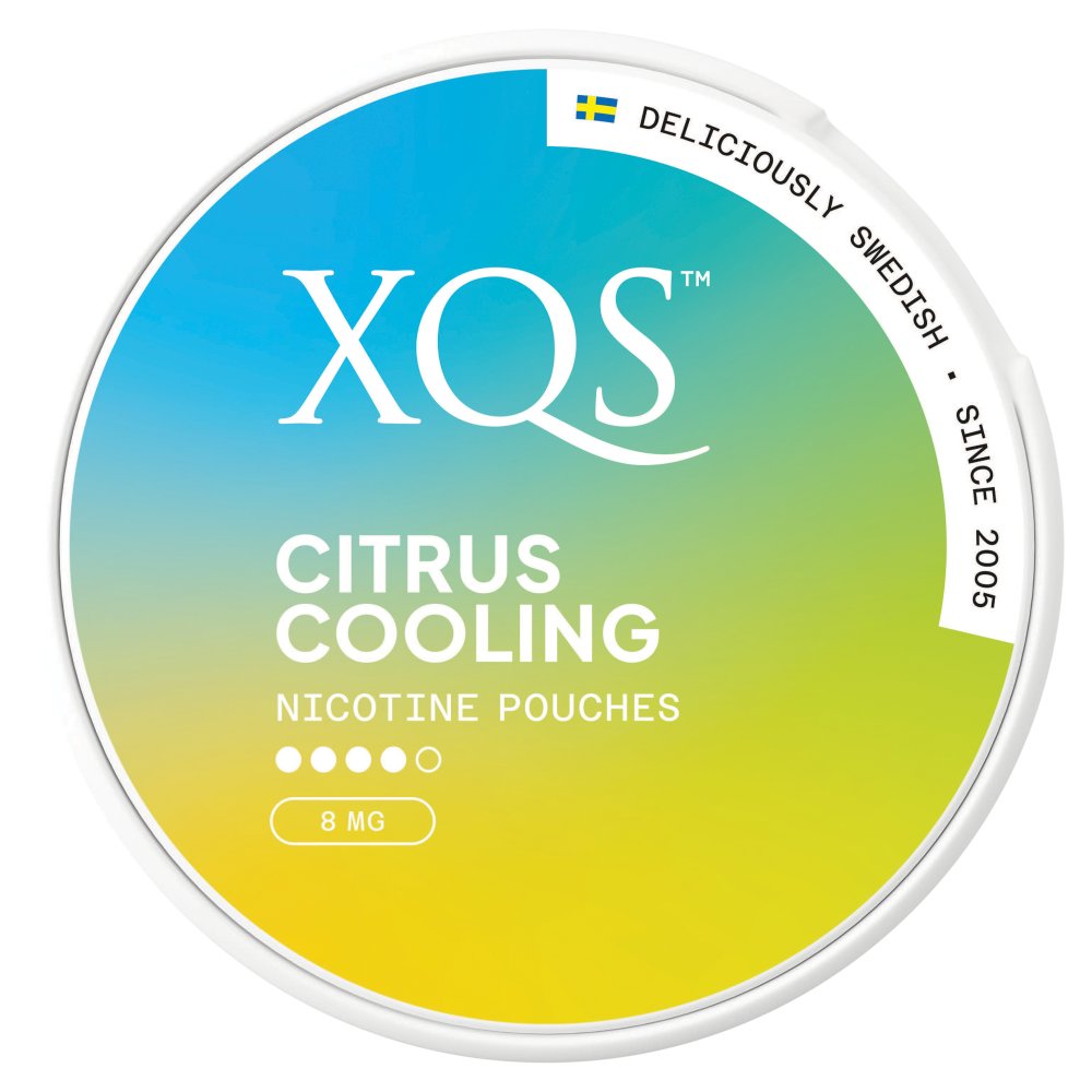 XQS Citrus Cooling nicotine pouches packaging with gradient blue to yellow design.