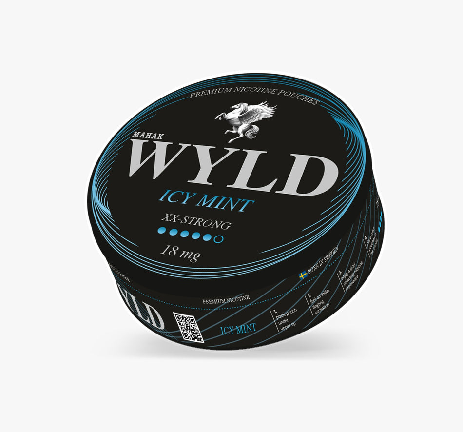 A round black can of WYLD Marak Icy Mint XX-Strong nicotine pouches, 18 mg, shown at an angle on a light gray background.