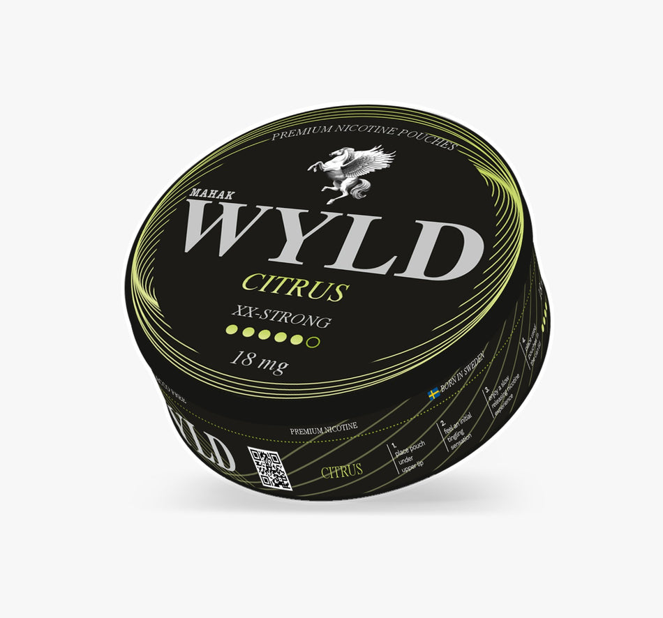 A round black tin of WYLD Citrus XX-Strong nicotine pouches by Marak, featuring a black lid with white and lime green text and graphics, set against a light gray background.