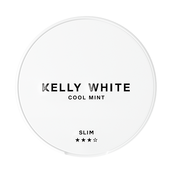 Round white container with 'Kelly White Cool Mint' text on a white background
