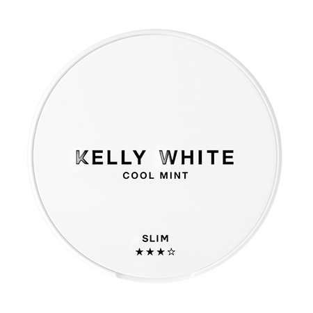Round white container with 'Kelly White Cool Mint' text on a white background
