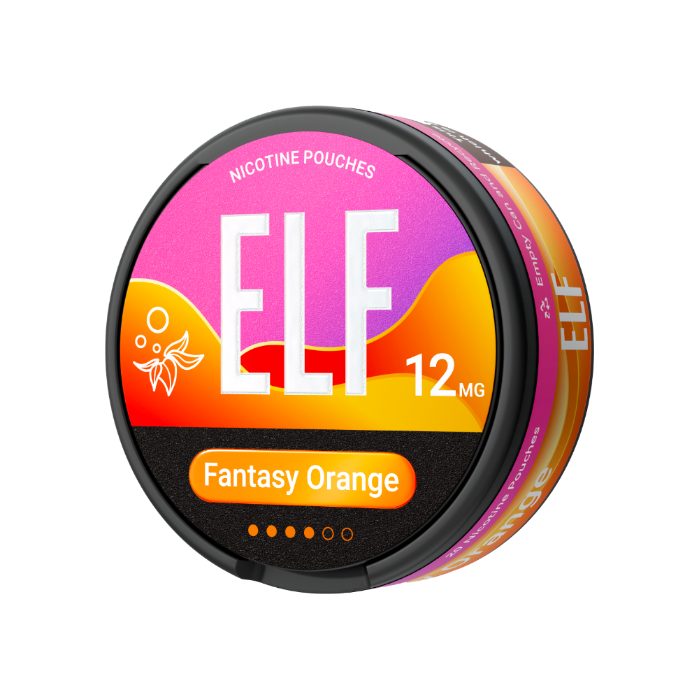ELF nicotine pouch container with 'Fantasy Orange' flavor on a white background