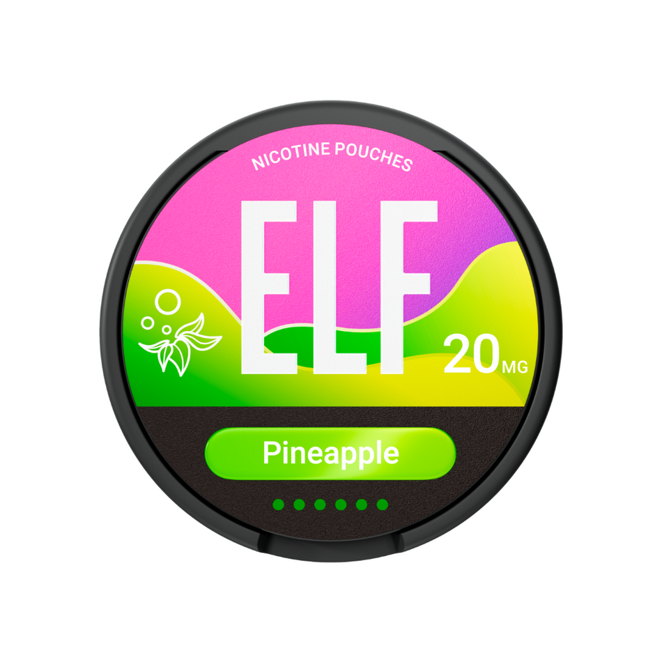 ELF nicotine pouches container with colorful design on a white background