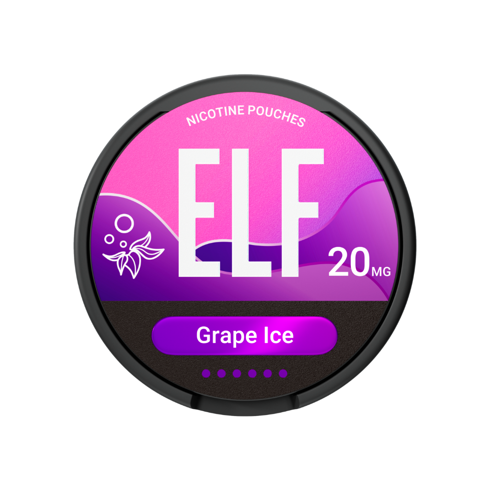 ELF nicotine pouches packaging with pink and purple design on a white background