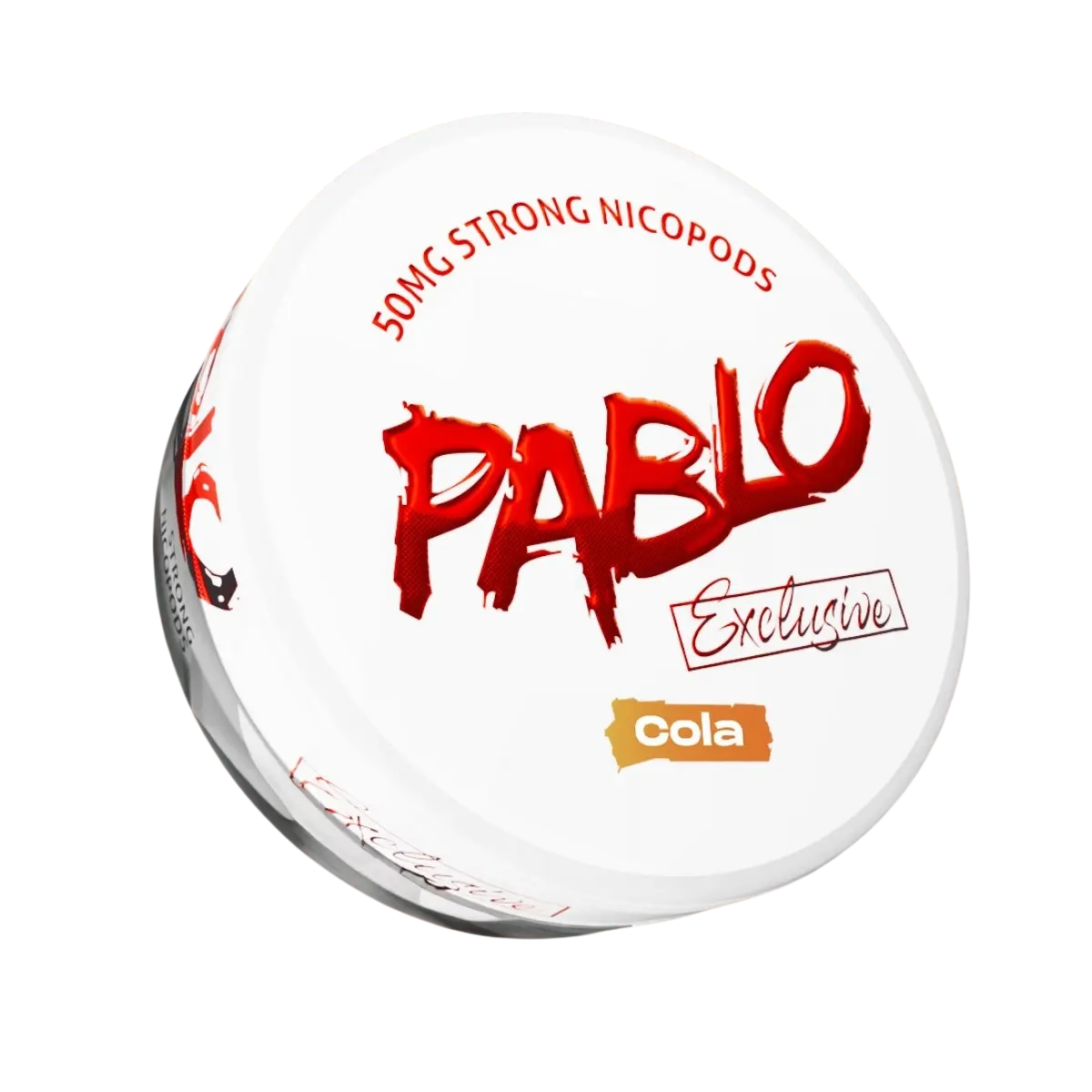 Pablo Cola Nicopod packaging with red and black text on a white background
