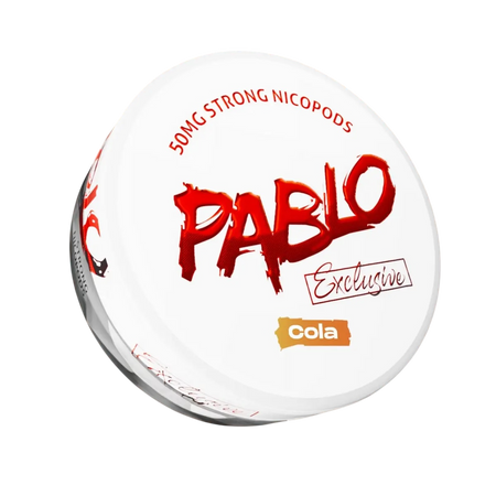 Pablo Cola Nicopod packaging with red and black text on a white background