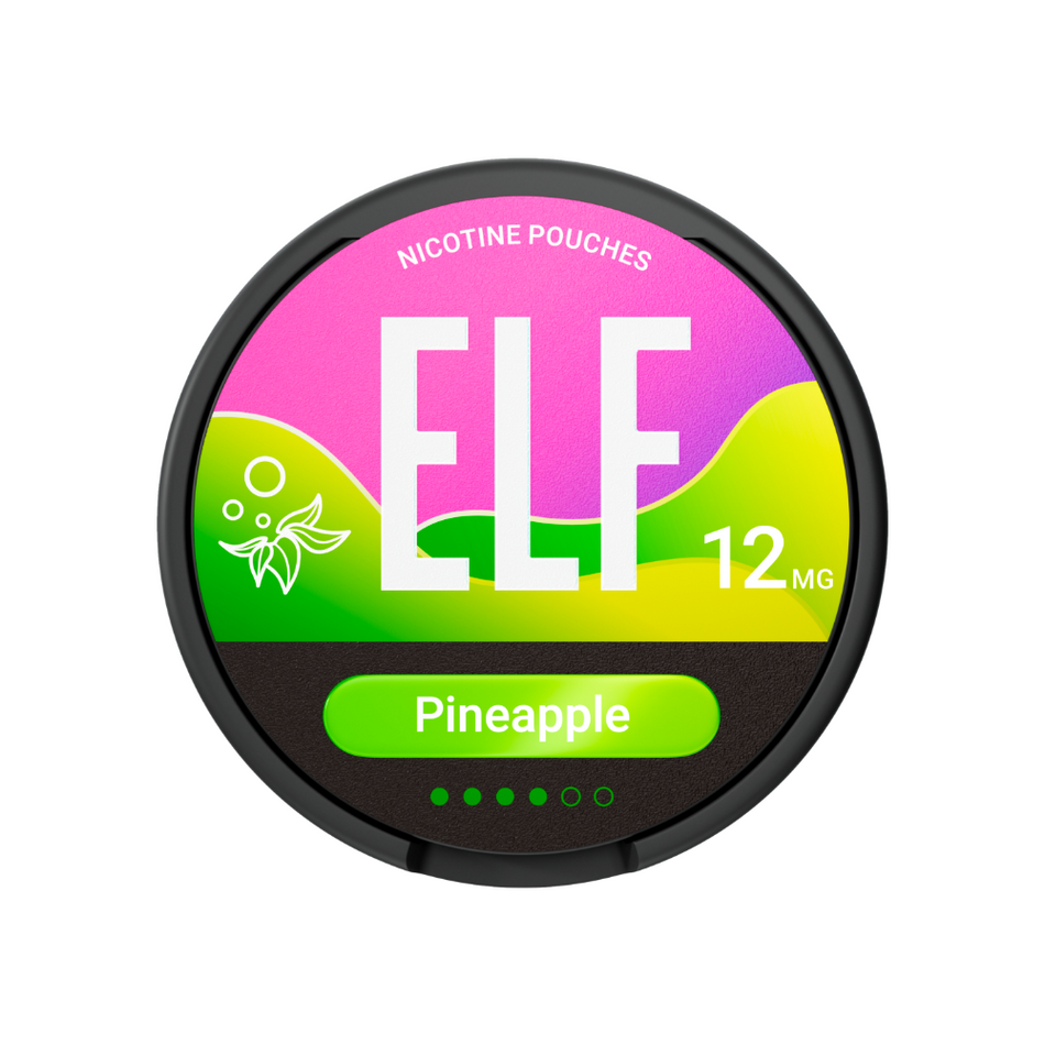 ELF nicotine pouches container with colorful design on a white background